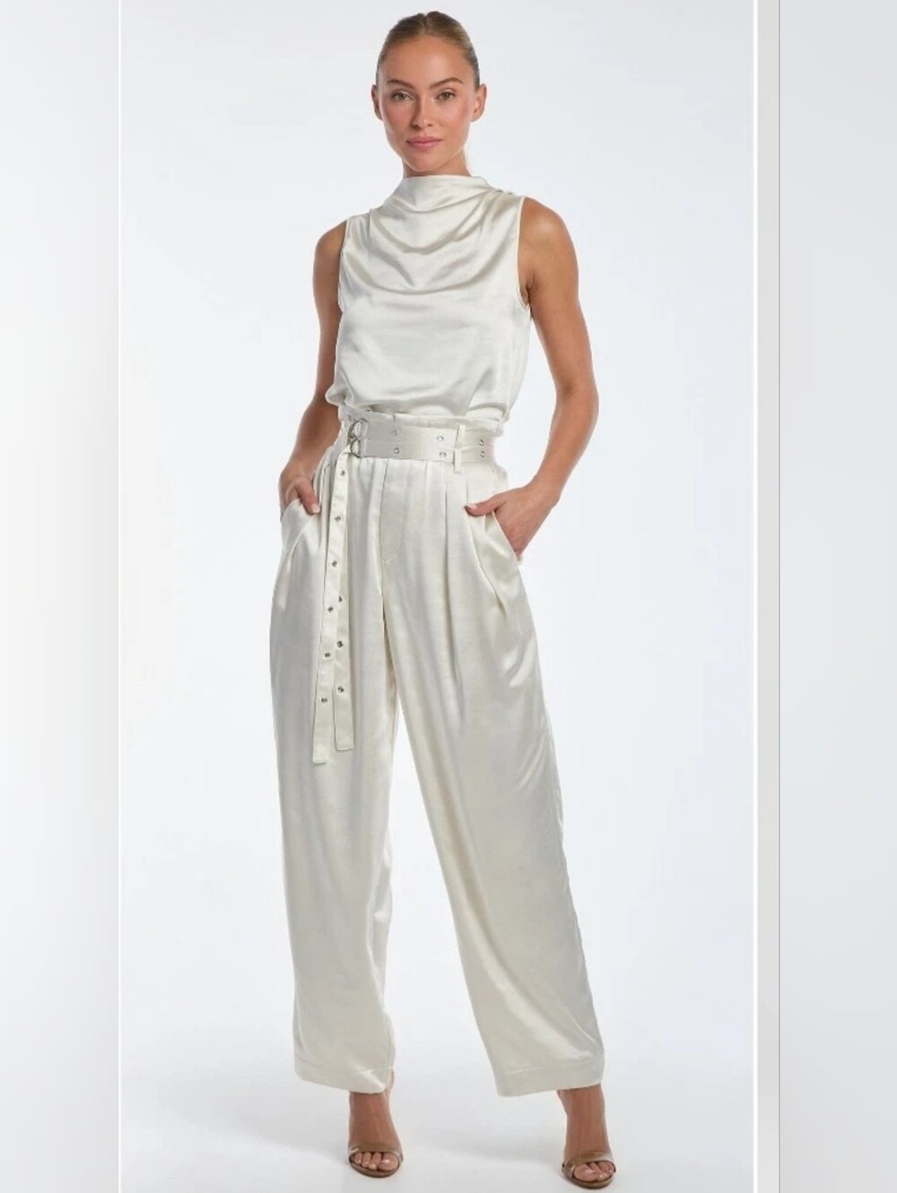 The Noli Shop Ivory Satin High-Waist Wide-Leg Jumpsuit